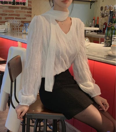 可拆領巾！Ｖ領金蔥波紋雪紡襯衫2