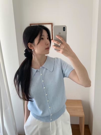 翻領排釦針織短T3