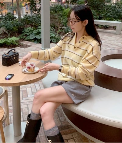 半排扣橫條紋針織上衣4