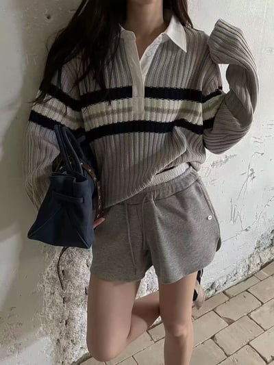 拼接襯衫領配色條紋粗勾針織衣1