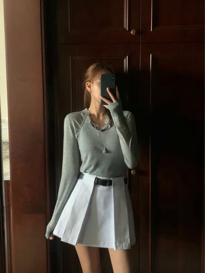 穿插腰帶設計百摺短裙5