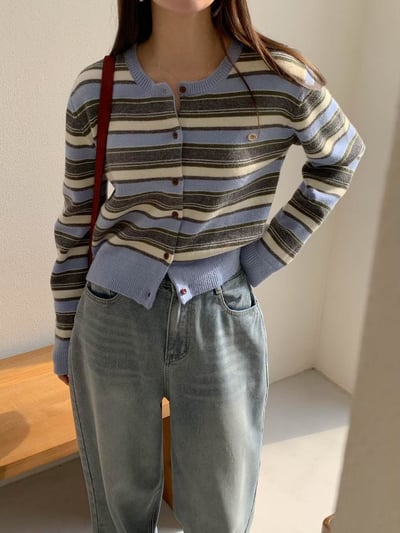 小徽章條紋針織外套上衣7