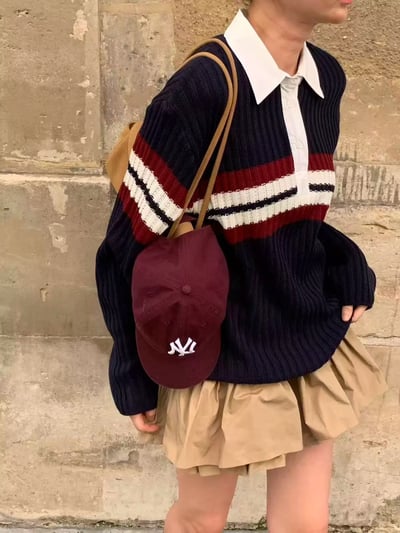 拼接襯衫領配色條紋粗勾針織衣3