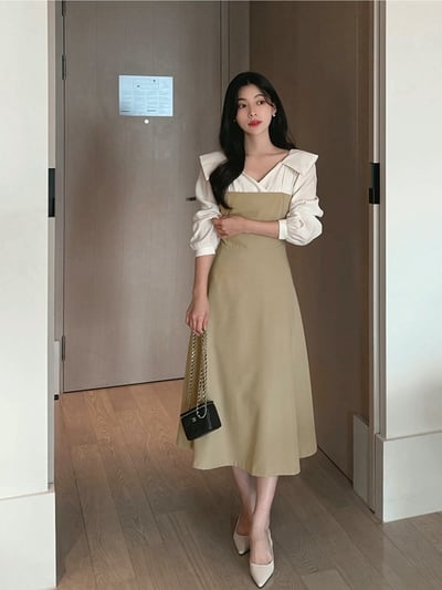 翻領層次拼接傘擺長洋7