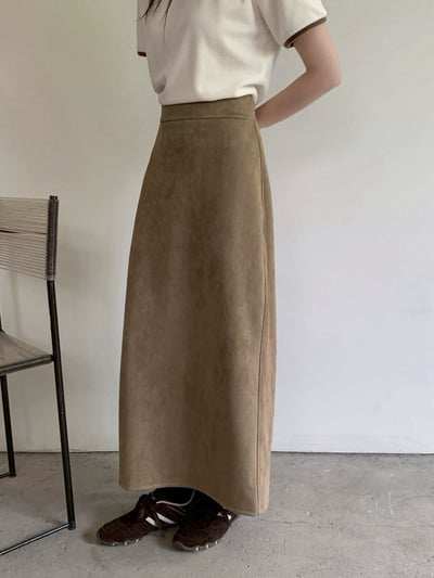 後開衩鬆緊麂皮長裙3