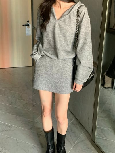 縮腰連帽大學Ｔ+鬆緊短褲裙SET7