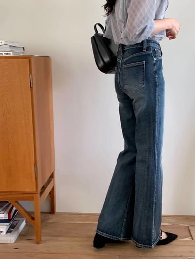 顯瘦復古刷藍小喇叭牛仔褲7