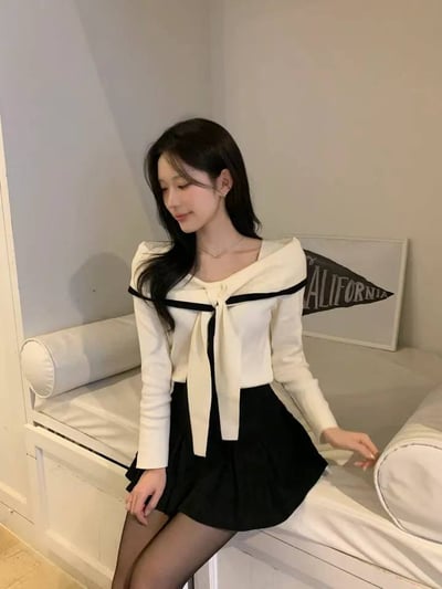 撞色翻領綁結薄款針織衫5