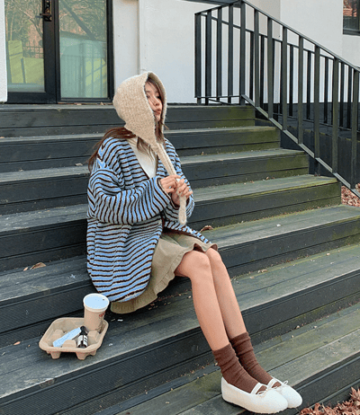 落肩配色橫條紋磨毛開襟外套5