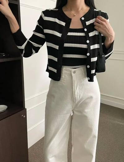 薄款橫條針織背心＋排釦坑紋外套SET1