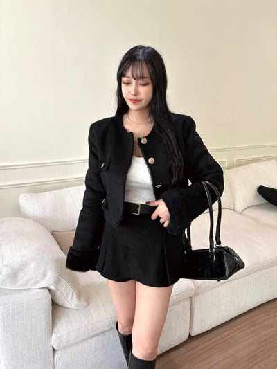 內羊羔毛拼接麂皮金釦短版外套(羊毛60%7