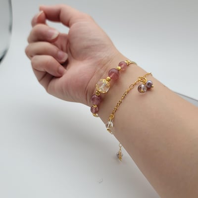 【金色系草莓晶甜美開運手鍊】 草莓晶 藍晶石 冰爆水晶 紫水晶 雙鏈款8