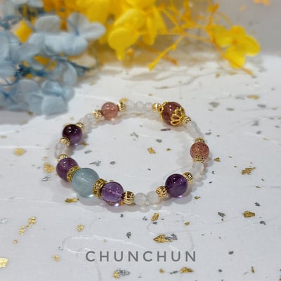 【許願愛戀系列-渡假海洋手鏈】 海水藍寶 紫幽靈 草莓晶 白玉髓5