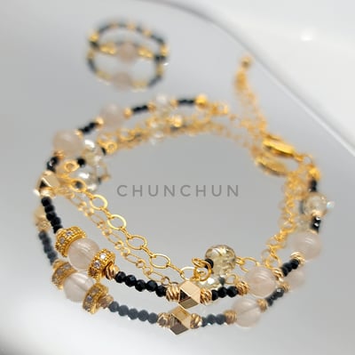 【黑色尖晶石金色招財手鍊戒指組合】白髮晶 / 黑尖晶石 / 鈦金黃水晶 招財手鍊5