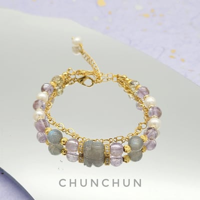 【灰月光浪漫之旅手鍊】灰月光拉長石/貔貅灰月光/紫水晶/珍珠/黃水晶1