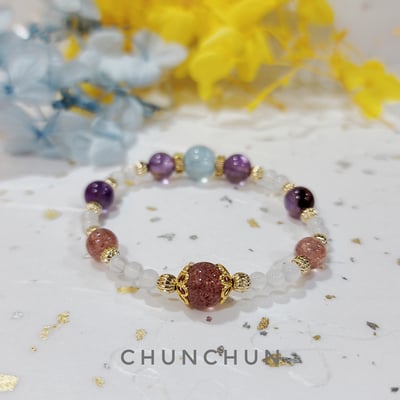 【許願愛戀系列-渡假海洋手鏈】 海水藍寶 紫幽靈 草莓晶 白玉髓4