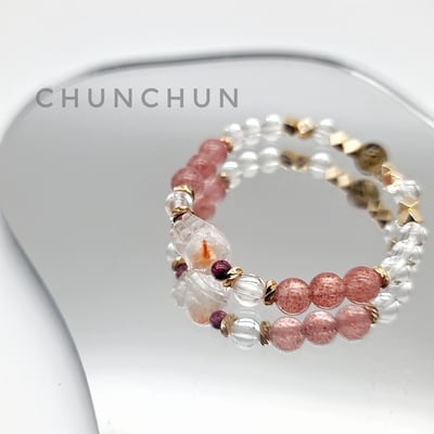 【小兔毛貔貅+綠碧髮晶水晶手鍊】兔毛貔貅/綠碧髮晶/草莓晶/白水晶/紅石榴石3