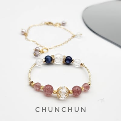 【金色系草莓晶甜美開運手鍊】 草莓晶 藍晶石 冰爆水晶 紫水晶 雙鏈款1