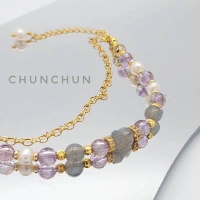 【灰月光浪漫之旅手鍊】灰月光拉長石/貔貅灰月光/紫水晶/珍珠/黃水晶2