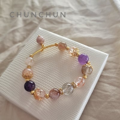 【開運系列-財運等於戀愛】黑超七 彩髮晶 櫻花瑪瑙  22K金鏈1