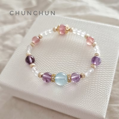 【許願愛戀系列-渡假海洋手鏈】 海水藍寶 紫幽靈 草莓晶 白玉髓1