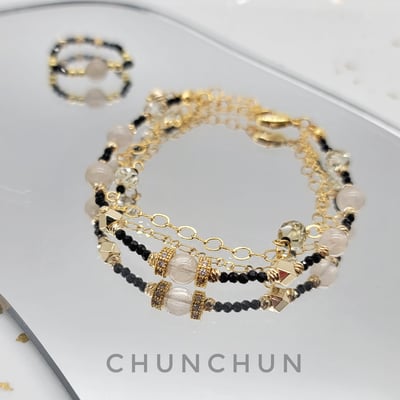 【黑色尖晶石金色招財手鍊戒指組合】白髮晶 / 黑尖晶石 / 鈦金黃水晶 招財手鍊2