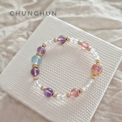 【許願愛戀系列-渡假海洋手鏈】 海水藍寶 紫幽靈 草莓晶 白玉髓3