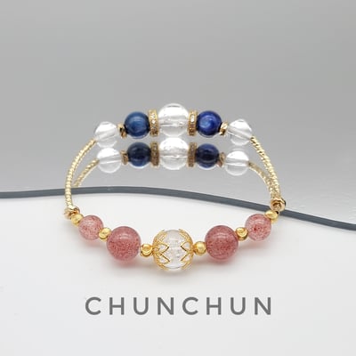 【金色系草莓晶甜美開運手鍊】 草莓晶 藍晶石 冰爆水晶 紫水晶 雙鏈款2