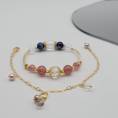 【金色系草莓晶甜美開運手鍊】 草莓晶 藍晶石 冰爆水晶 紫水晶 雙鏈款6