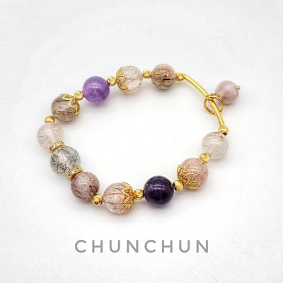 【開運系列-財運等於戀愛】黑超七 彩髮晶 櫻花瑪瑙  22K金鏈2