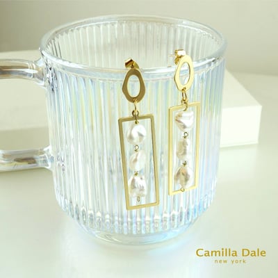 Camilla Dale 925純銀不規則珍珠長形霧金耳環3