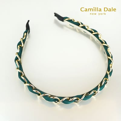 CamillaDale 翡翠綠絲帶綁金色金屬辮結髮箍 高品味韓國精品髮飾1