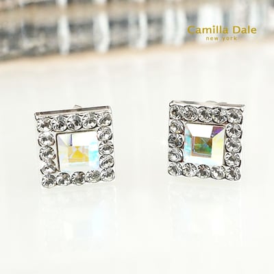 CamillaDale 7mm 方型水鑽不鏽鋼耳環(水晶亮彩)2