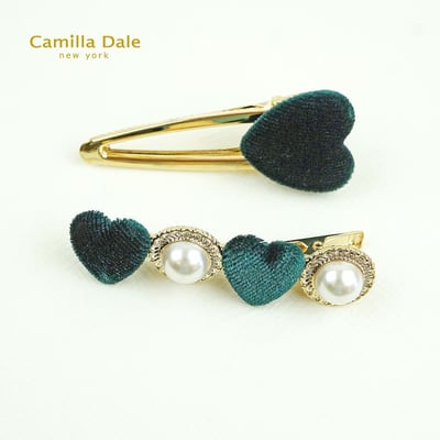 Camilla Dale 韓時尚 翡翠綠絨布愛心珍珠髮夾一對4