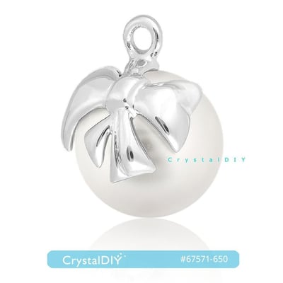 CrystalDIY奧地利水晶SW 蝴蝶結珍珠吊墜 #67571 雪白珍珠鍍銠金屬3