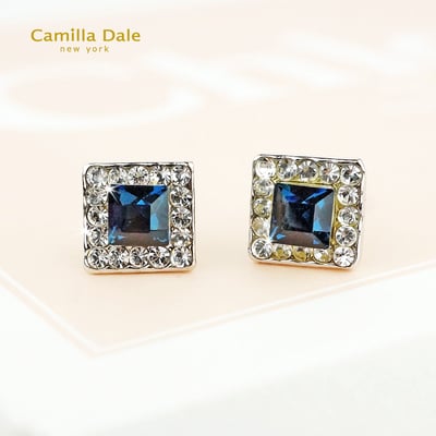 CamillaDale 7mm 方型水鑽不鏽鋼耳環(蒙大拿藍)1
