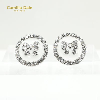 CamillaDale 蝴蝶結鈕扣型水鑽耳環(米白)2