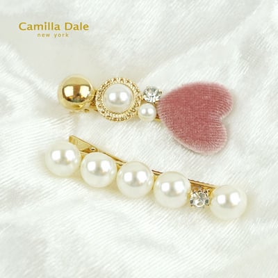Camilla Dale 韓時尚 豆沙粉絨布愛心珍珠髮夾一對2