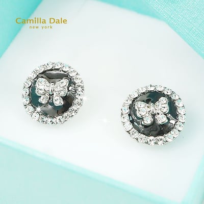 CamillaDale 蝴蝶結鈕扣型水鑽耳環(黑)2