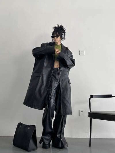 ♡韓國pu皮質長版西裝外套♡1