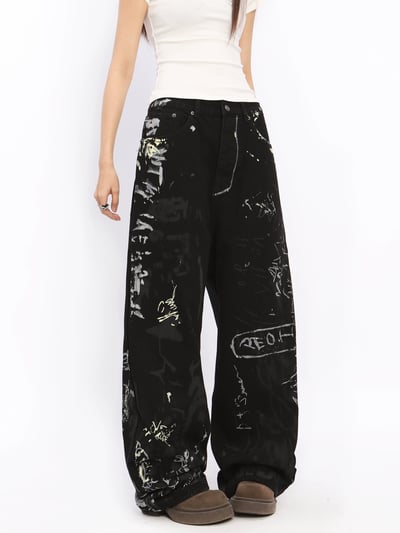 ♡韓國塗鴉質感黑色牛仔褲♡2