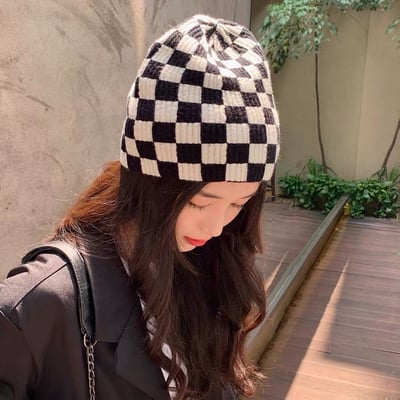 韓國棋盤格針織毛帽7