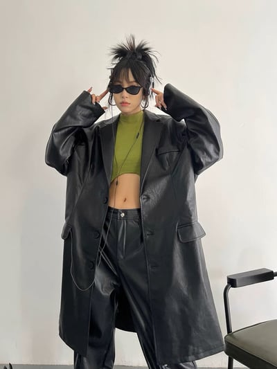 ♡韓國pu皮質長版西裝外套♡2