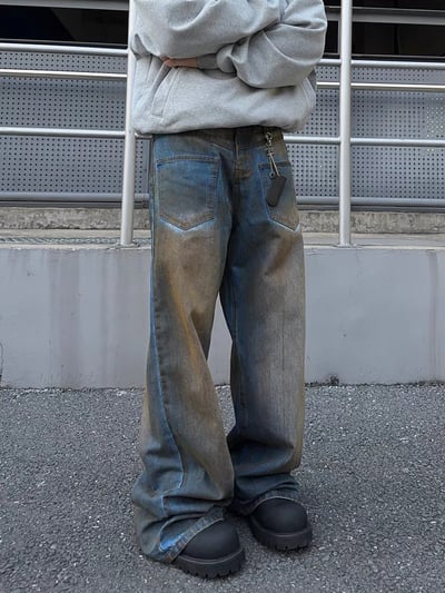 ♡韓國拼色復古水洗牛仔褲♡1