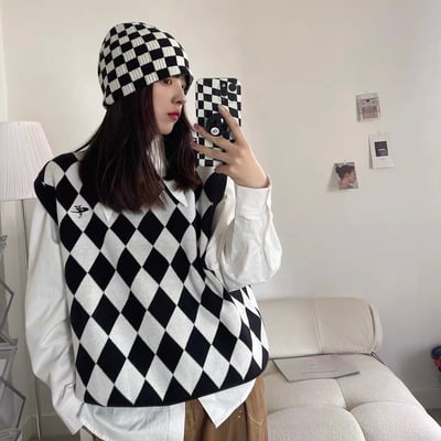 韓國棋盤格針織毛帽4
