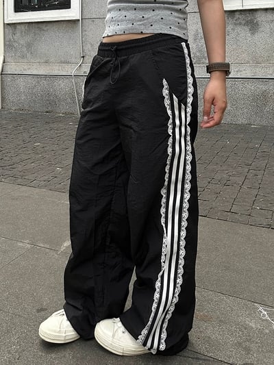 韓國蕾絲尼龍寬鬆落地褲1