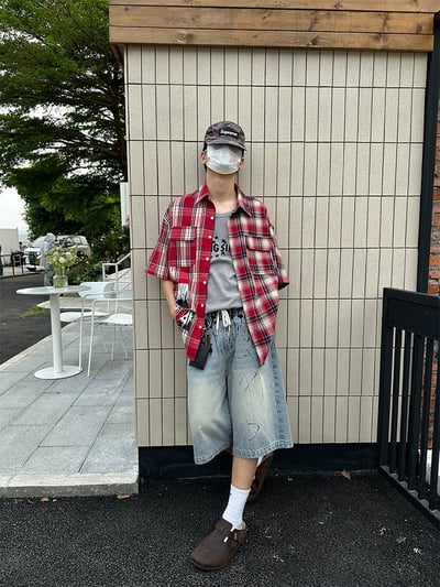 ♡韓國拼貼紅格紋短袖襯衫♡4