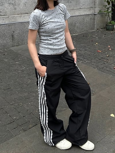 韓國蕾絲尼龍寬鬆落地褲2