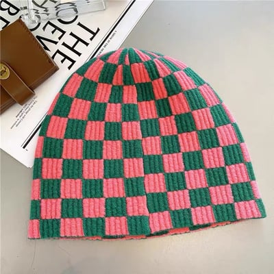 韓國棋盤格針織毛帽8