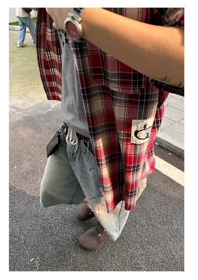 ♡韓國拼貼紅格紋短袖襯衫♡5